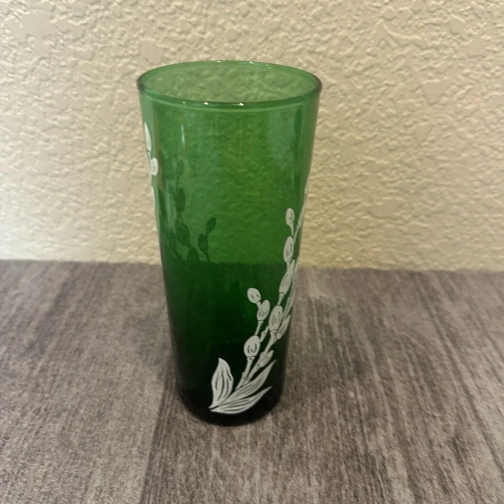 Anchor Hocking Tumbler Forest Green White Plant Buds Retro